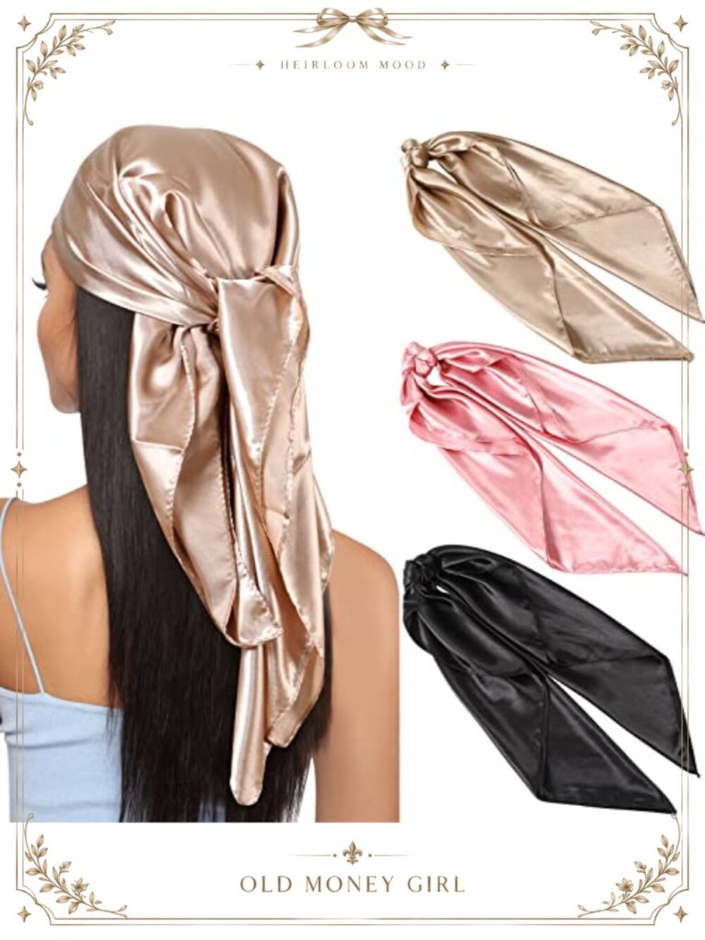 Large Square Satin Head Scarf 35in Silk Feel Bandana 3Pcs Set